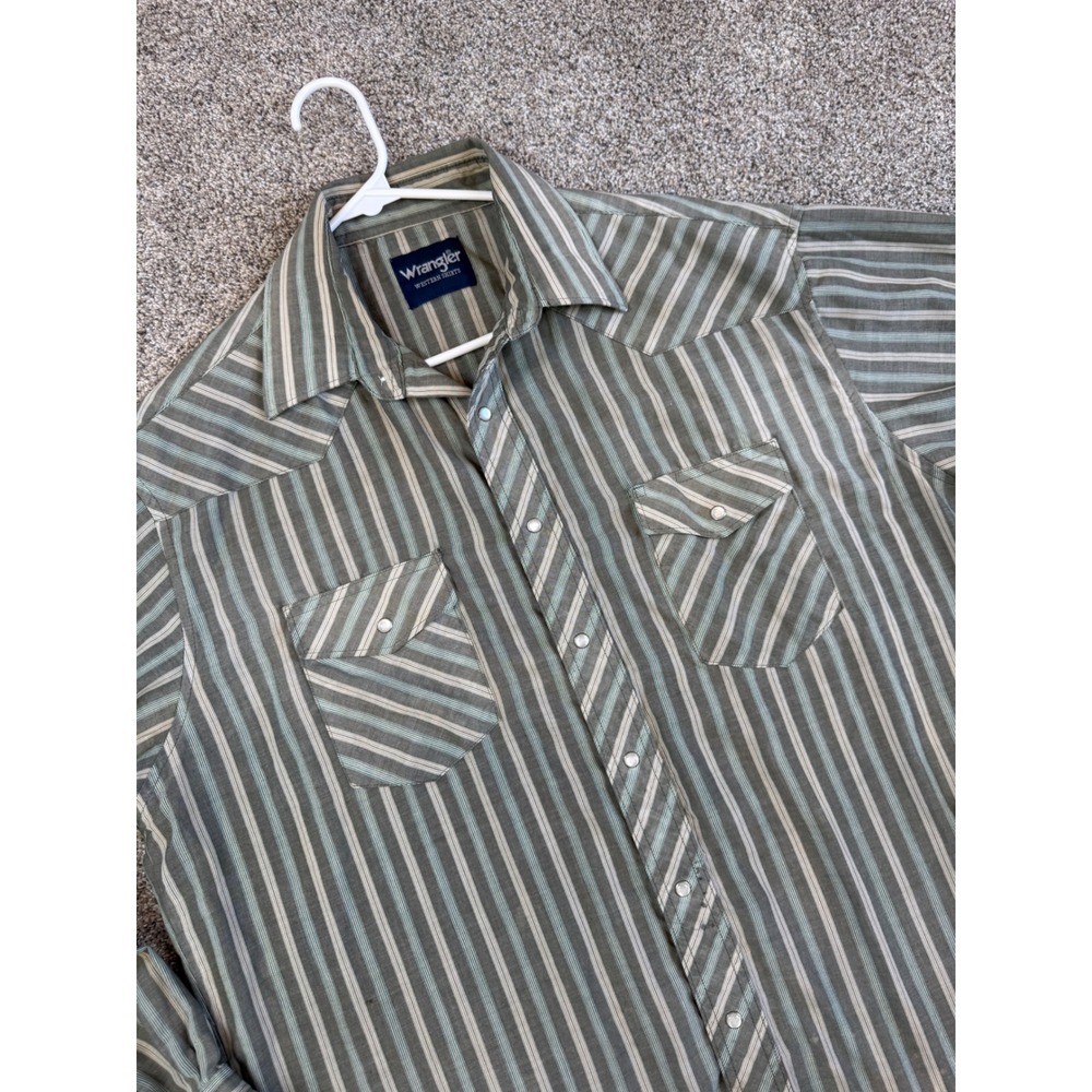 Wrangler Western Shirt Mens XL Green Striped Pearl Snap Long Sleeve Cowboy